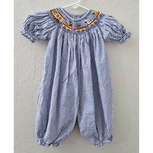 Mom & Me Girls Size 6 Months Smocked Circus Romper Blue And White Striped